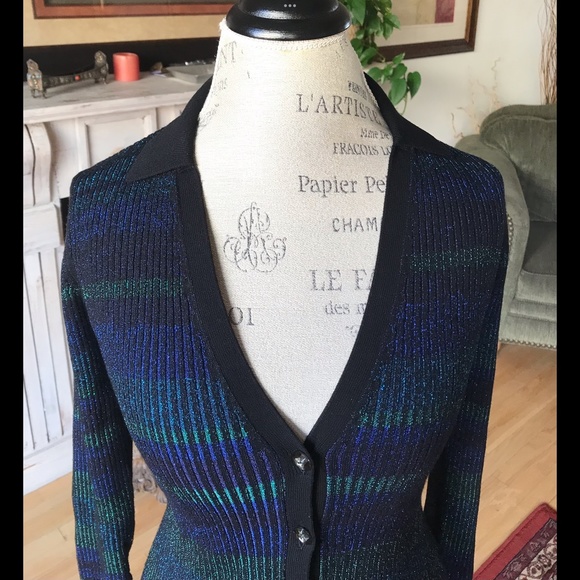 INTERMIX “Sienna” NWTs Striped Cardigan Buttons Collar Black Blue Green … - Picture 8 of 13